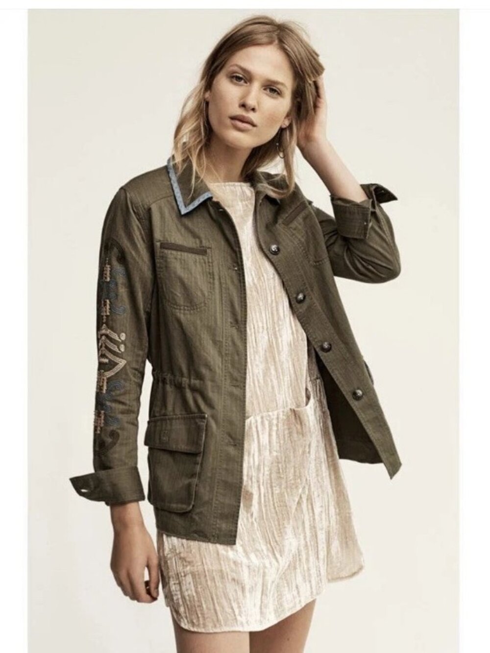 Anthropologie Hei Hei Adventurer Army Green Embroidered Shirt Jacket Size MP